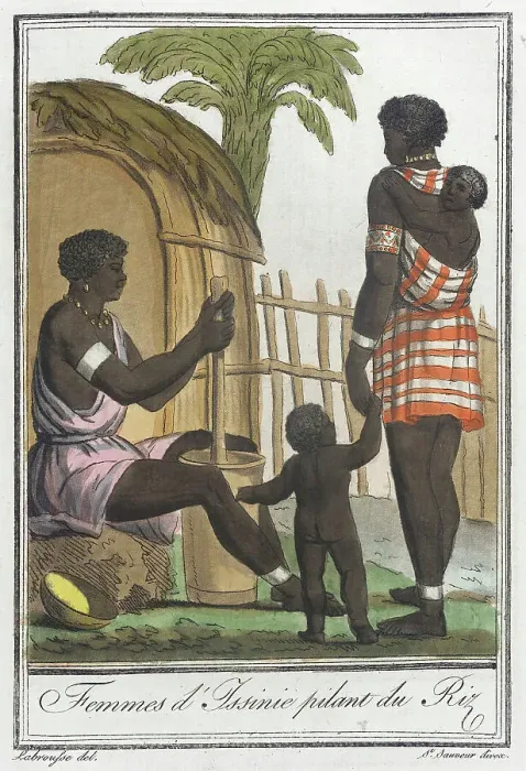 Framed Print : Costumes de Différents Pays, Femmes d'Issinie Pilant du Riz, c1797. Creators: Jacques Grasset de Saint-Sauveur, LF Labrousse Framed Print : Costumes de Différents Pays, Femmes d'Issinie Pilant du Riz, c1797. Creators: Jacques Grasset de Saint-Sauveur, LF Labrousse