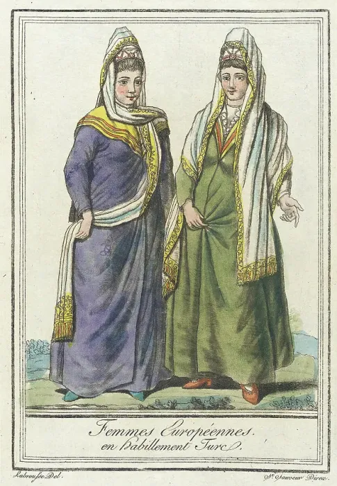 Framed Print : Costumes de Différents Pays, Femmes Européennes en Habillement Turc, c1797. Creators: Jacques Grasset de Saint-Sauveur, LF Labrousse Framed Print : Costumes de Différents Pays, Femmes Européennes en Habillement Turc, c1797. Creators: Jacques Grasset de Saint-Sauveur, LF Labrousse