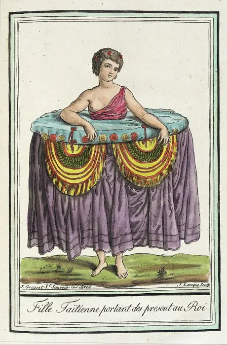 Framed Print : Costumes de Différents Pays, Fille Taïtienne Portant des Present au Roi, c1797. Creators: Jacques Grasset de Saint-Sauveur, LF Labrousse Framed Print : Costumes de Différents Pays, Fille Taïtienne Portant des Present au Roi, c1797. Creators: Jacques Grasset de Saint-Sauveur, LF Labrousse