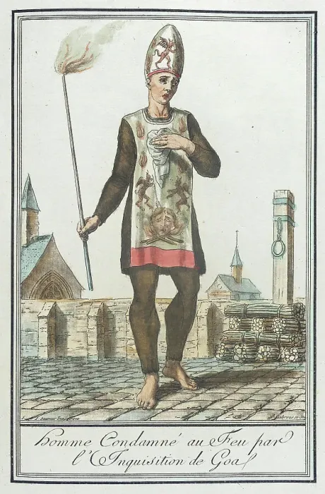 Framed Print : Costumes de Différents Pays, Homme Condamné au Feu par l'Inquisition de Goa, c1797. Creators: Jacques Grasset de Saint-Sauveur, LF Labrousse Framed Print : Costumes de Différents Pays, Homme Condamné au Feu par l'Inquisition de Goa, c1797. Creators: Jacques Grasset de Saint-Sauveur, LF Labrousse