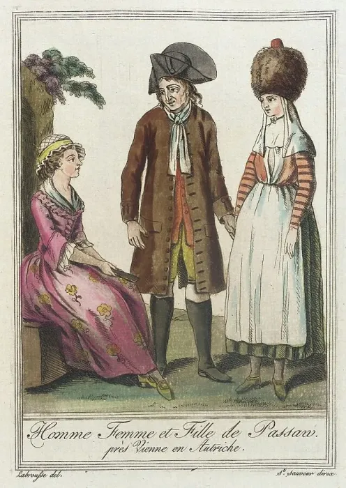 Framed Print : Costumes de Différents Pays, Homme Femme et Fille de Passan près Vienne en Autriche, c1797. Creator: Jacques Grasset de Saint-Sauveur Framed Print : Costumes de Différents Pays, Homme Femme et Fille de Passan près Vienne en Autriche, c1797. Creator: Jacques Grasset de Saint-Sauveur