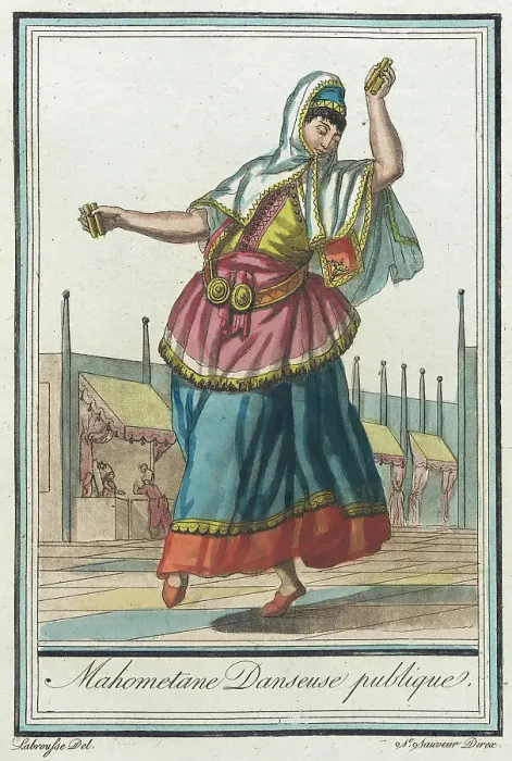 Framed Print : Costumes de Différents Pays, Mahometane Danseuse Publique, c1797. Creators: Jacques Grasset de Saint-Sauveur, LF Labrousse Framed Print : Costumes de Différents Pays, Mahometane Danseuse Publique, c1797. Creators: Jacques Grasset de Saint-Sauveur, LF Labrousse