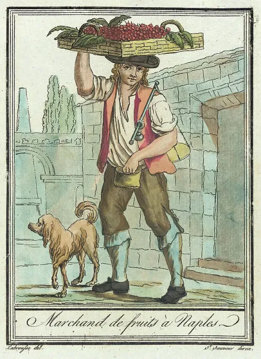 Framed Print : Costumes de Différents Pays, Marchand de Fruits à Naples, c1797. Creators: Jacques Grasset de Saint-Sauveur, LF Labrousse Framed Print : Costumes de Différents Pays, Marchand de Fruits à Naples, c1797. Creators: Jacques Grasset de Saint-Sauveur, LF Labrousse