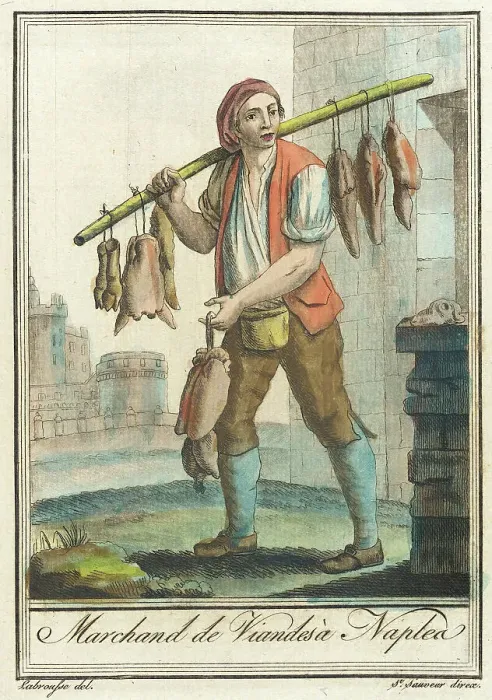 Framed Print : Costumes de Différents Pays, Marchand de Viandesà Naplea, c1797. Creators: Jacques Grasset de Saint-Sauveur, LF Labrousse Framed Print : Costumes de Différents Pays, Marchand de Viandesà Naplea, c1797. Creators: Jacques Grasset de Saint-Sauveur, LF Labrousse