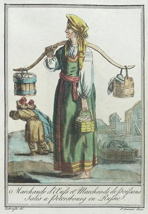 Framed Print : Costumes de Différents Pays, Marchande d'Auss et Marchands de Poissons Salés a Peters... c1797. Creators: Jacques Grasset de Saint-Sauveur, LF Labrousse Framed Print : Costumes de Différents Pays, Marchande d'Auss et Marchands de Poissons Salés a Peters... c1797. Creators: Jacques Grasset de Saint-Sauveur, LF Labrousse