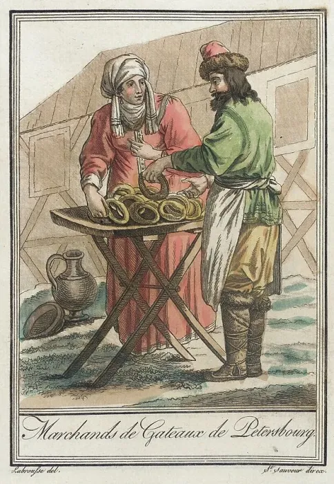 Framed Print : Costumes de Différents Pays, Marchands de Gateaux de Petersbourg, c1797. Creator: Jacques Grasset de Saint-Sauveur Framed Print : Costumes de Différents Pays, Marchands de Gateaux de Petersbourg, c1797. Creator: Jacques Grasset de Saint-Sauveur