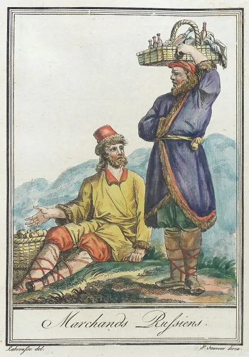 Framed Print : Costumes de Différents Pays, Marchands Russiens, c1797. Creators: Jacques Grasset de Saint-Sauveur, LF Labrousse Framed Print : Costumes de Différents Pays, Marchands Russiens, c1797. Creators: Jacques Grasset de Saint-Sauveur, LF Labrousse