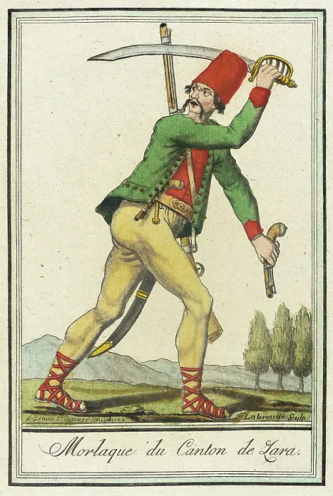 Framed Print : Costumes de Différents Pays, Morlaque du Canton de Lara, c1797. Creators: Jacques Grasset de Saint-Sauveur, LF Labrousse Framed Print : Costumes de Différents Pays, Morlaque du Canton de Lara, c1797. Creators: Jacques Grasset de Saint-Sauveur, LF Labrousse