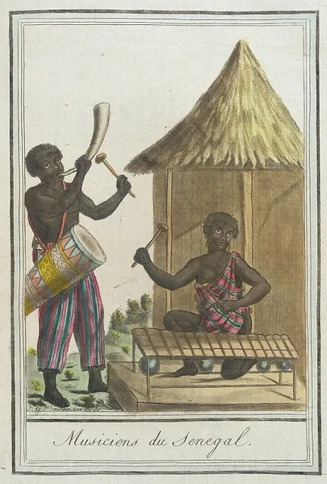 Framed Print : Costumes de Différents Pays, Musiciens du Senegal, c1797. Creators: Jacques Grasset de Saint-Sauveur, LF Labrousse Framed Print : Costumes de Différents Pays, Musiciens du Senegal, c1797. Creators: Jacques Grasset de Saint-Sauveur, LF Labrousse