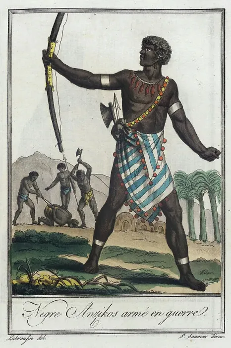 Framed Print : Costumes de Différents Pays, Negre Anzikos Armé en Guerre, c1797. Creators: Jacques Grasset de Saint-Sauveur, LF Labrousse Framed Print : Costumes de Différents Pays, Negre Anzikos Armé en Guerre, c1797. Creators: Jacques Grasset de Saint-Sauveur, LF Labrousse