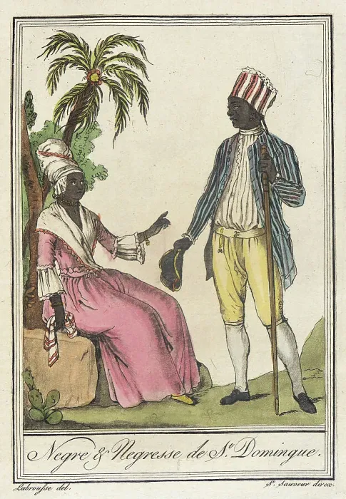 Framed Print : Costumes de Différents Pays, Negre & Negresse de St. Domingue, c1797. Creators: Jacques Grasset de Saint-Sauveur, LF Labrousse. Costumes de Différents Pays, Negre & Negresse de St. Domingue, c1797 Framed Print : Costumes de Différents Pays, Negre & Negresse de St. Domingue, c1797. Creators: Jacques Grasset de Saint-Sauveur, LF Labrousse. Costumes de Différents Pays, Negre & Negresse de St. Domingue, c1797