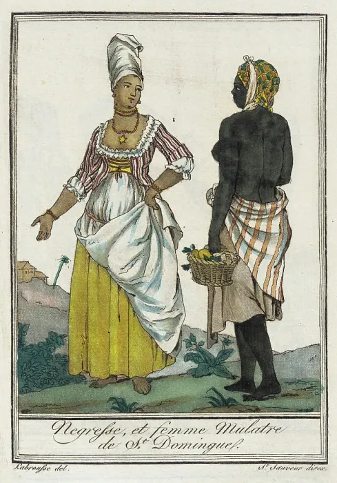 Framed Print : Costumes de Différents Pays, Negresse, et Femme Mulatre de St. Domingue, c1797. Creators: Jacques Grasset de Saint-Sauveur, LF Labrousse Framed Print : Costumes de Différents Pays, Negresse, et Femme Mulatre de St. Domingue, c1797. Creators: Jacques Grasset de Saint-Sauveur, LF Labrousse