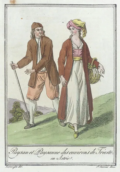 Framed Print : Costumes de Différents Pays, Paysan et Paysanne des Environs de Triste, en Istrie, c1797. Creators: Jacques Grasset de Saint-Sauveur, LF Labrousse Framed Print : Costumes de Différents Pays, Paysan et Paysanne des Environs de Triste, en Istrie, c1797. Creators: Jacques Grasset de Saint-Sauveur, LF Labrousse