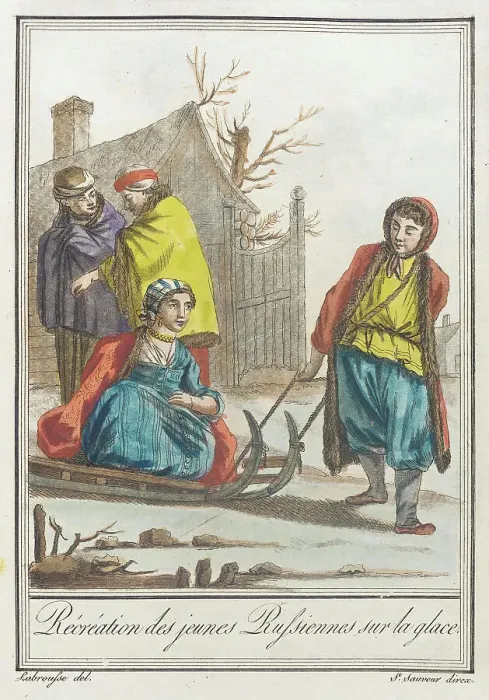 Framed Print : Costumes de Différents Pays, Récréation des Jeunes Russiennes sur la Glace, c1797. Creators: Jacques Grasset de Saint-Sauveur, LF Labrousse Framed Print : Costumes de Différents Pays, Récréation des Jeunes Russiennes sur la Glace, c1797. Creators: Jacques Grasset de Saint-Sauveur, LF Labrousse