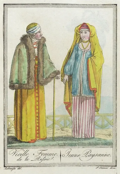 Framed Print : Costumes de Différents Pays, Vieille Femme, de la Russie. Jeune Paysanne, c1797. Creator: Jacques Grasset de Saint-Sauveur Framed Print : Costumes de Différents Pays, Vieille Femme, de la Russie. Jeune Paysanne, c1797. Creator: Jacques Grasset de Saint-Sauveur