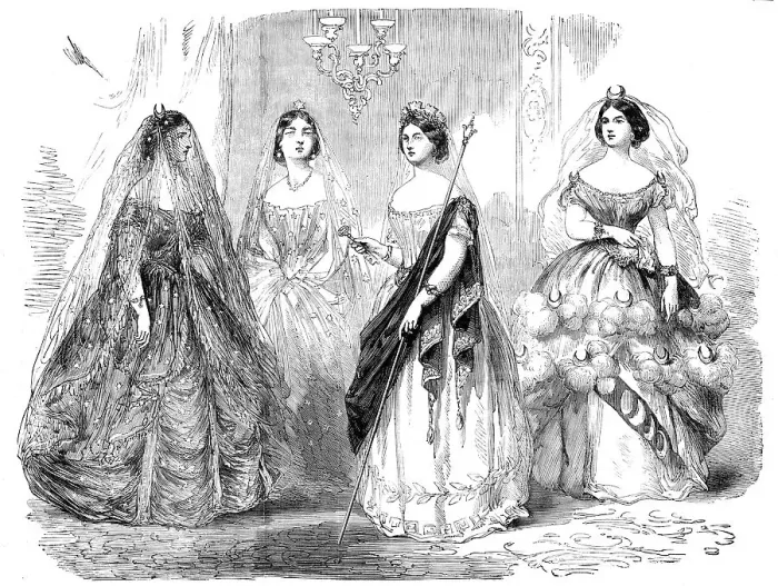 Framed Print : Costumes from the Fancy-Dress Ball, in Aid of the Royal Academy of Music, 1856. Creator: Unknown Framed Print : Costumes from the Fancy-Dress Ball, in Aid of the Royal Academy of Music, 1856. Creator: Unknown