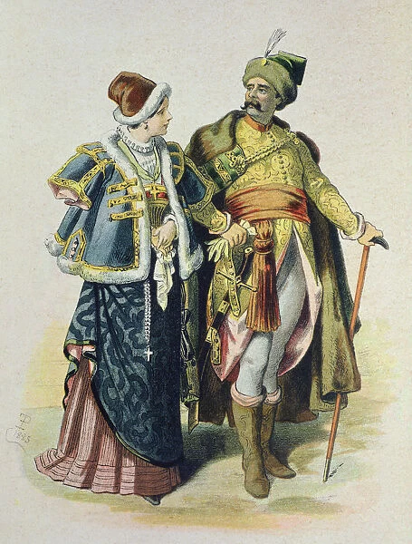 Costumes worn by the Polish nobility in the 17th century, drawing, 1885