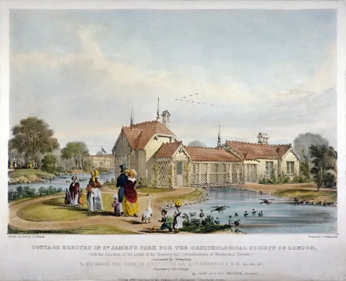 Framed Print : Cottage erected in St Jamess Park for the Ornithological Society of London, Westminster, 1844 Framed Print : Cottage erected in St Jamess Park for the Ornithological Society of London, Westminster, 1844