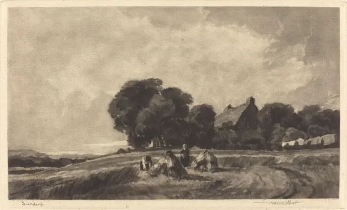 Framed Print : Cottage and Harvesters, 1907. Creator: Frank Short Framed Print : Cottage and Harvesters, 1907. Creator: Frank Short