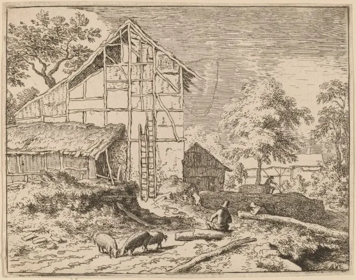Framed Print : Cottage with Two Ladders, probably c. 1645 / 1656. Creator: Allart van Everdingen Framed Print : Cottage with Two Ladders, probably c. 1645 / 1656. Creator: Allart van Everdingen