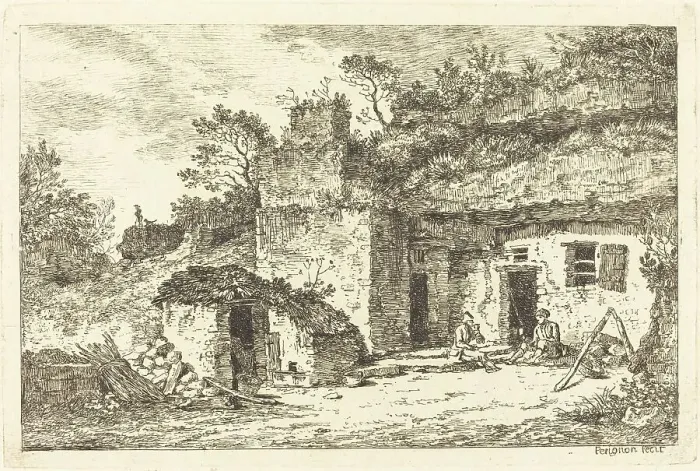Framed Print : A Cottage with Two Men Seated at the Doorway, c. 1770. Creator: Nicolas Perignon Framed Print : A Cottage with Two Men Seated at the Doorway, c. 1770. Creator: Nicolas Perignon