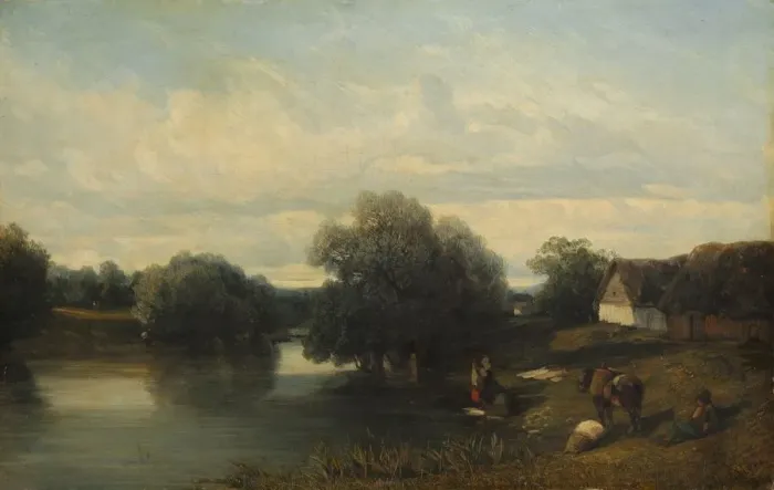 Framed Print : Cottage by the River with Washerwomen, 1835. Creator: Camille Flers (French, 1802-1868) Framed Print : Cottage by the River with Washerwomen, 1835. Creator: Camille Flers (French, 1802-1868)