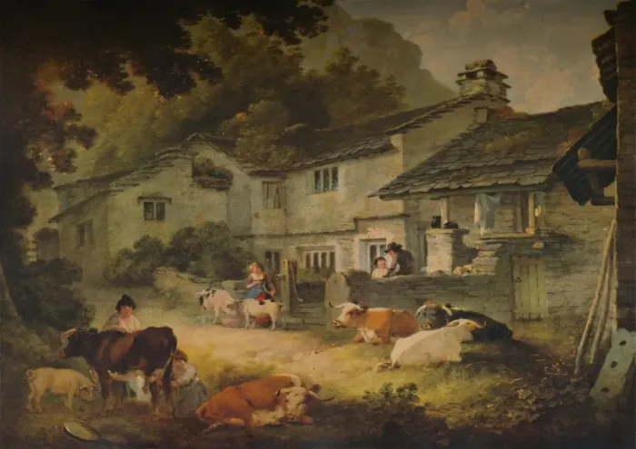 Framed Print : Cottage Scenery with Cattle, at Ambleside, 1803. Artist: Julius Caesar Ibbetson Framed Print : Cottage Scenery with Cattle, at Ambleside, 1803. Artist: Julius Caesar Ibbetson