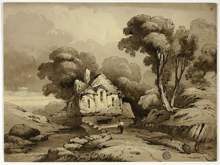 Framed Print : Cottage Beside Winding Road in Wooded Landscape, n.d. Creator: James Robertson Framed Print : Cottage Beside Winding Road in Wooded Landscape, n.d. Creator: James Robertson