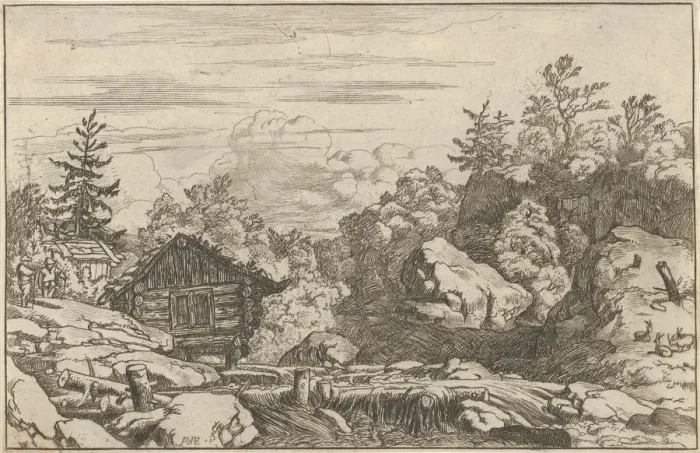 Framed Print : The Cottages at the Bank, 17th century. Creator: Allart van Everdingen Framed Print : The Cottages at the Bank, 17th century. Creator: Allart van Everdingen