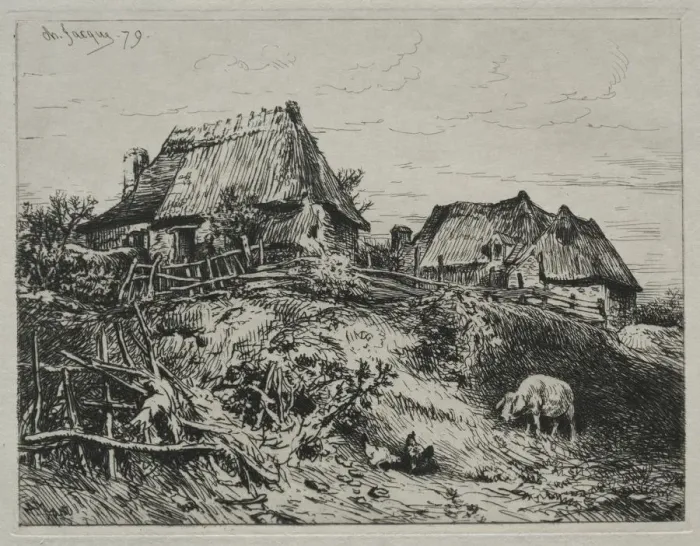 Framed Print : Two Cottages on a Bank, 1879. Creator: Charles-Emile Jacque (French, 1813-1894) Framed Print : Two Cottages on a Bank, 1879. Creator: Charles-Emile Jacque (French, 1813-1894)