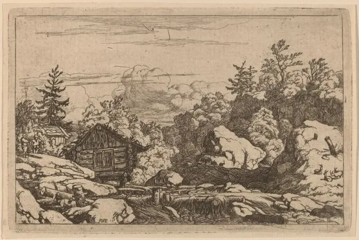 Framed Print : Cottages at the Bank, probably c. 1645 / 1656. Creator: Allart van Everdingen Framed Print : Cottages at the Bank, probably c. 1645 / 1656. Creator: Allart van Everdingen