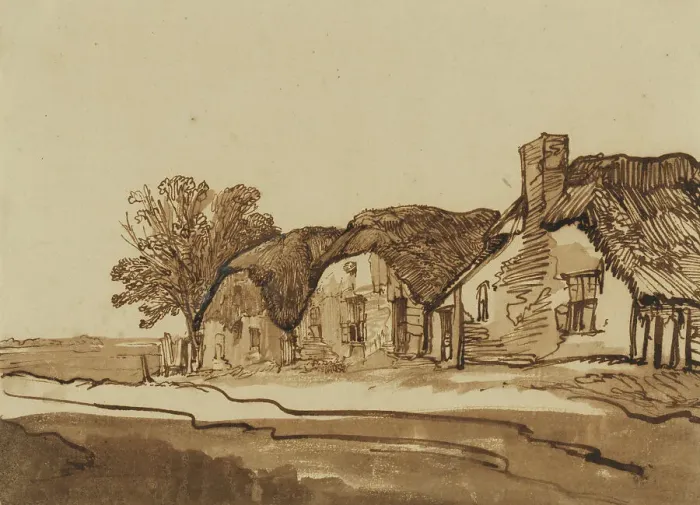 Framed Print : Three cottages by a road, c.1640. Creator: Rembrandt Harmensz van Rijn Framed Print : Three cottages by a road, c.1640. Creator: Rembrandt Harmensz van Rijn