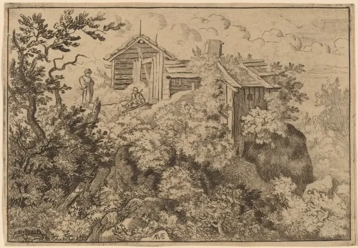 Framed Print : Three Cottages on a Rock, probably c. 1645 / 1656. Creator: Allart van Everdingen Framed Print : Three Cottages on a Rock, probably c. 1645 / 1656. Creator: Allart van Everdingen