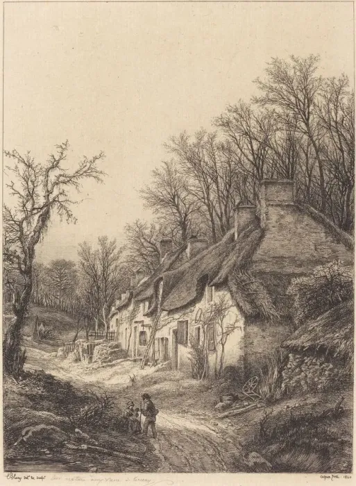 Framed Print : Cottages in Winter, 1840. Creator: Eugene Blery Framed Print : Cottages in Winter, 1840. Creator: Eugene Blery