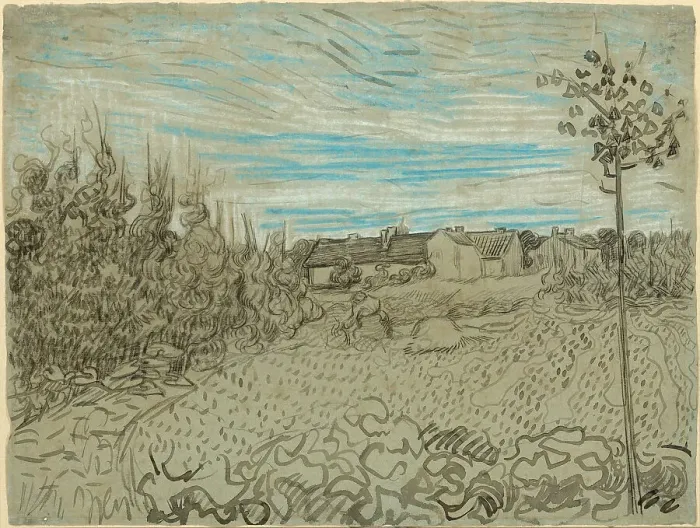 Framed Print : Cottages with a Woman Working in the Middle Ground, 1890. Creator: Vincent van Gogh Framed Print : Cottages with a Woman Working in the Middle Ground, 1890. Creator: Vincent van Gogh