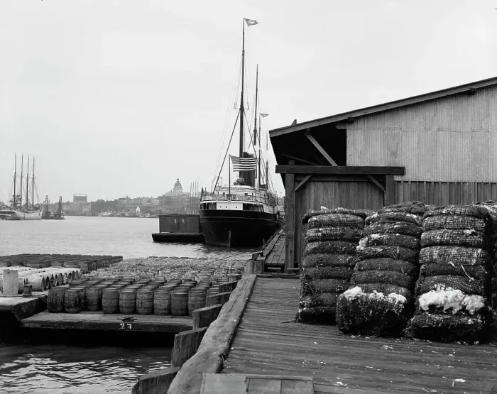 Framed Print : Cotton docks, Savannah, Ga. c1907. Creator: Unknown Framed Print : Cotton docks, Savannah, Ga. c1907. Creator: Unknown