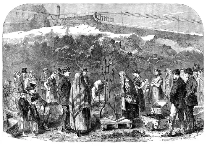 Framed Print : The Cotton Famine: distributing coal at the Castle-field old coal-wharf, Manchester, 1862. Creator: Unknown Framed Print : The Cotton Famine: distributing coal at the Castle-field old coal-wharf, Manchester, 1862. Creator: Unknown
