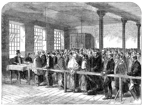 The Cotton Famine: distributing tickets for bread, soup, meat, meal, coal etc, Manchester, 1862. Creator: Unknown