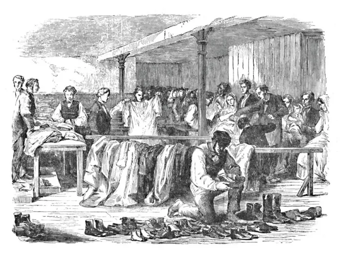 Framed Print : The Cotton Famine: Distribution of Clothes to Operatives, Manchester, 1904 Framed Print : The Cotton Famine: Distribution of Clothes to Operatives, Manchester, 1904