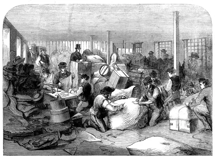 Framed Print : The Cotton Famine: making up parcels of clothing at the industrial institution, Manchester, 1862. Creator: Unknown Framed Print : The Cotton Famine: making up parcels of clothing at the industrial institution, Manchester, 1862. Creator: Unknown