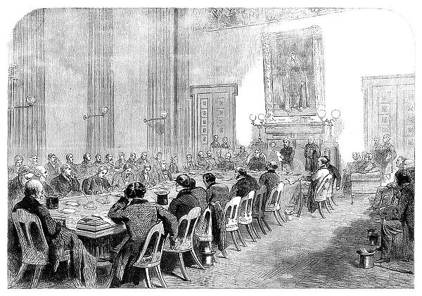 The Cotton Famine: meeting of the central relief committee...Manchester townhall..., 1862. Creator: Unknown