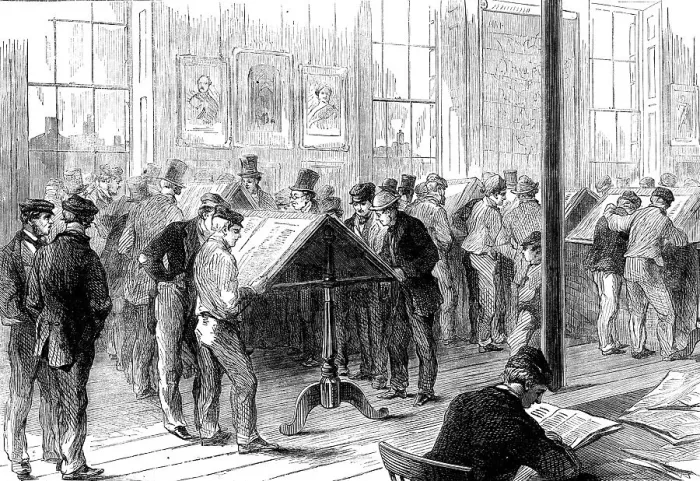 Framed Print : The Cotton Famine: operatives reading the latest news from America in Camp-field free library, 1862 Creator: Unknown Framed Print : The Cotton Famine: operatives reading the latest news from America in Camp-field free library, 1862 Creator: Unknown