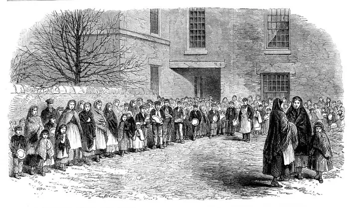 Framed Print : The Cotton Famine: operatives waiting for their breakfast in Mr. Chapman's courtyard... 1862. Creator: Unknown Framed Print : The Cotton Famine: operatives waiting for their breakfast in Mr. Chapman's courtyard... 1862. Creator: Unknown