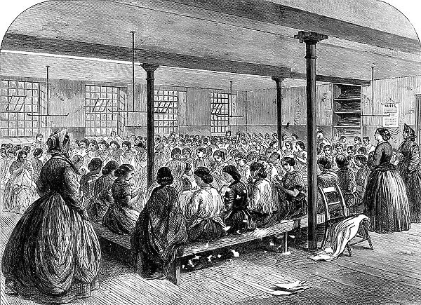 The Cotton Famine: the sewing-class at the Manchester...Provident Society's rooms, 1862. Creator: Unknown