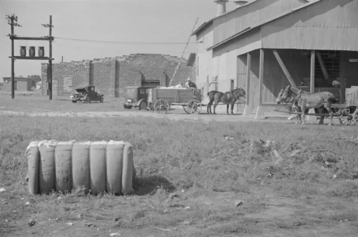 Framed Print : At the cotton gin, Cotton gin and wagons, Hale County, Alabama, 1936. Creator: Walker Evans Framed Print : At the cotton gin, Cotton gin and wagons, Hale County, Alabama, 1936. Creator: Walker Evans