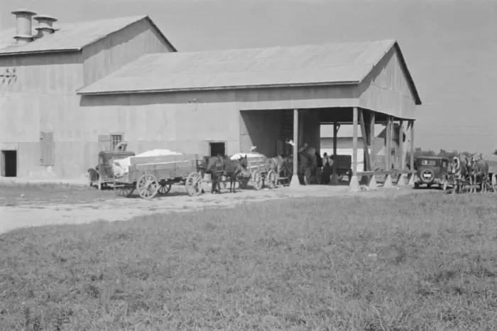 Framed Print : At the cotton gin, Cotton gin and wagons, Hale County, Alabama, 1936. Creator: Walker Evans Framed Print : At the cotton gin, Cotton gin and wagons, Hale County, Alabama, 1936. Creator: Walker Evans
