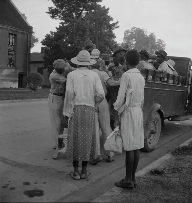 Framed Print : Cotton hoers leaving Greenville at 5 am for a day's work on the plantations, Mississippi, 1937. Creator: Dorothea Lange Framed Print : Cotton hoers leaving Greenville at 5 am for a day's work on the plantations, Mississippi, 1937. Creator: Dorothea Lange