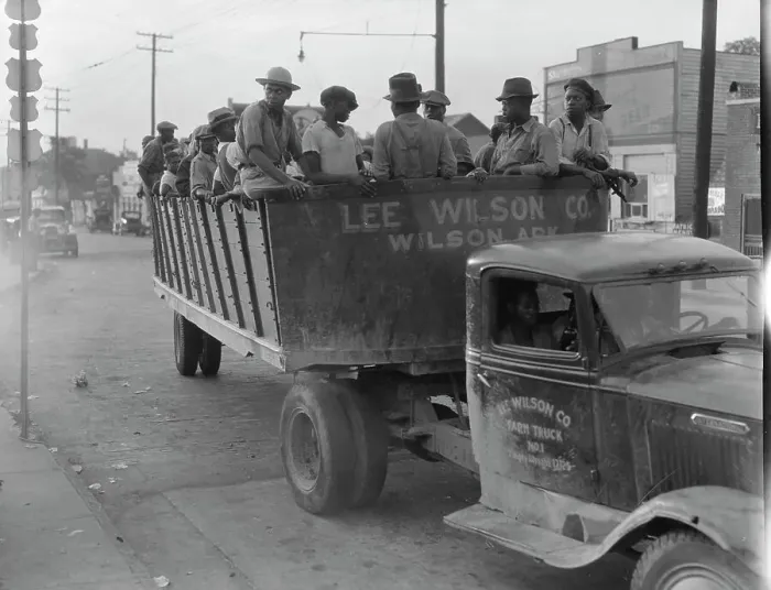 Framed Print : Cotton hoers from Memphis bound for the Wilson Plantation in Arkansas, forty-three miles away, 1937. Creator: Dorothea Lange Framed Print : Cotton hoers from Memphis bound for the Wilson Plantation in Arkansas, forty-three miles away, 1937. Creator: Dorothea Lange