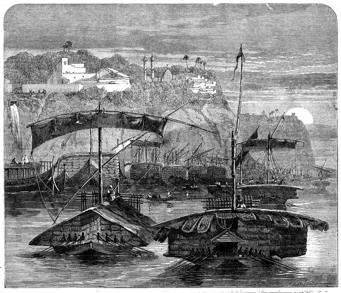 Framed Print : Cotton from India: a cotton fleet descending the Ganges - casting off from Mirzapore, 1862. Creator: Smyth Framed Print : Cotton from India: a cotton fleet descending the Ganges - casting off from Mirzapore, 1862. Creator: Smyth