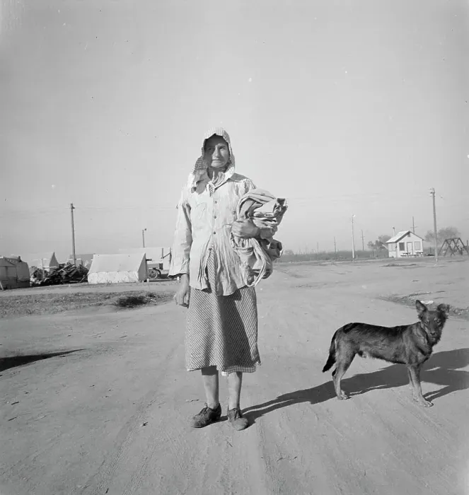 Framed Print : Cotton picker on her way to the cotton field, Kern migrant camp, California, 1936. Creator: Dorothea Lange Framed Print : Cotton picker on her way to the cotton field, Kern migrant camp, California, 1936. Creator: Dorothea Lange
